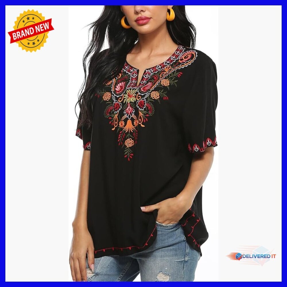Rayon Bohemian Tunic with Floral Embroidery, V-Neck, Loose Fit